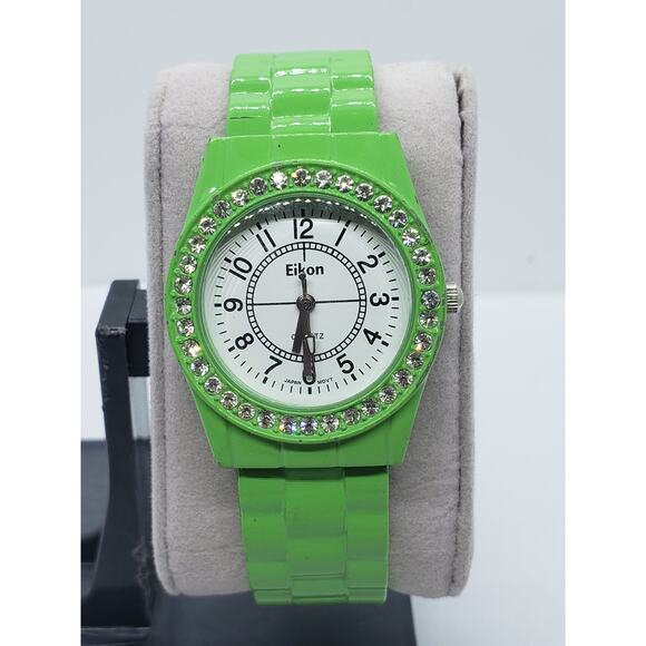 Eikon women\'s watch. Bright green watch with jeweled bevel. Bangle style band main image 0